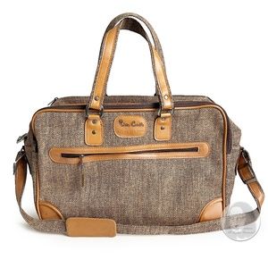 Vintage Pierre Cardin Carry On Bag Luggage Tan Tweed + Luggage Tag, Lock & Keys